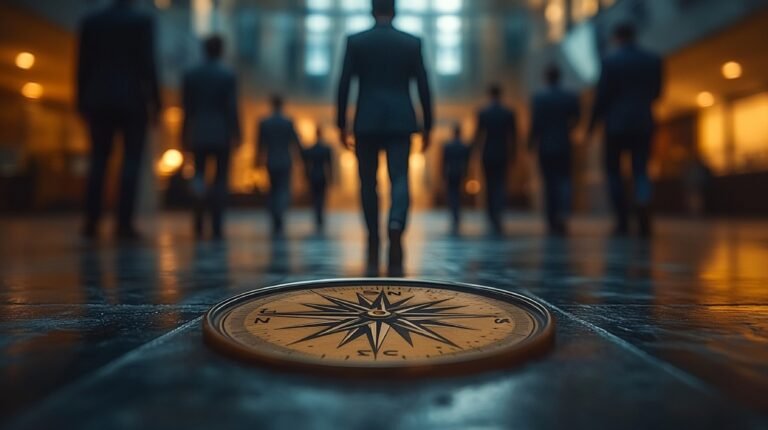 Leadership Vision - Compass with a Leader in the Background, Guiding a Team Towards a Common Goal