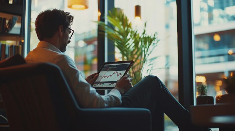 man-sits-chair-uses-tablet