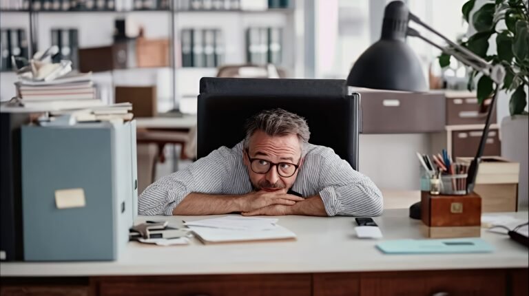 A man sitting at his desk with his arms crossed, looking at the camera with a curious expression.