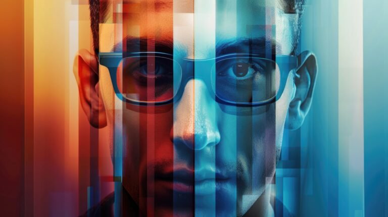 A man wearing glasses standing in front of a striped background