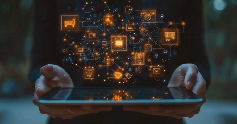 person holding an iPad with various icons floating above it