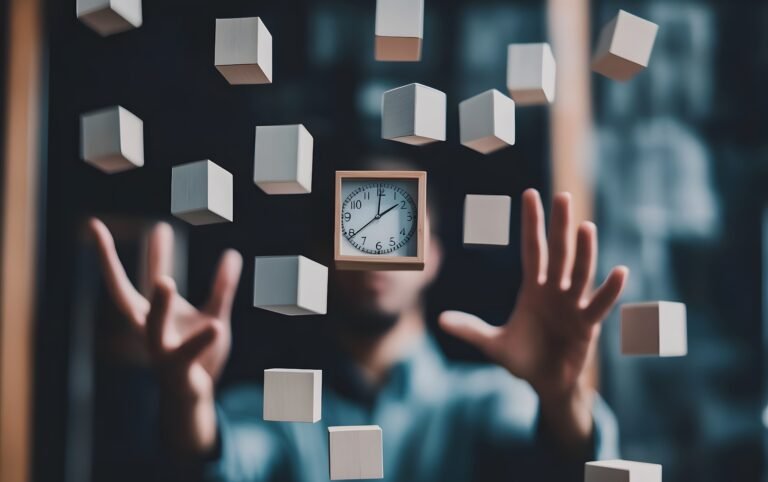 person-reaching-out-towards-floating-cubes-clock-symbolizing-passage-time-creativity