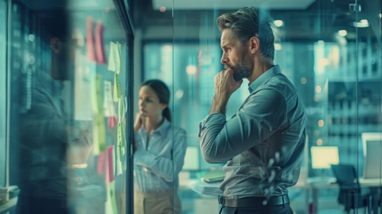 Two business professionals analyzing sticky notes on a glass wall in the office.