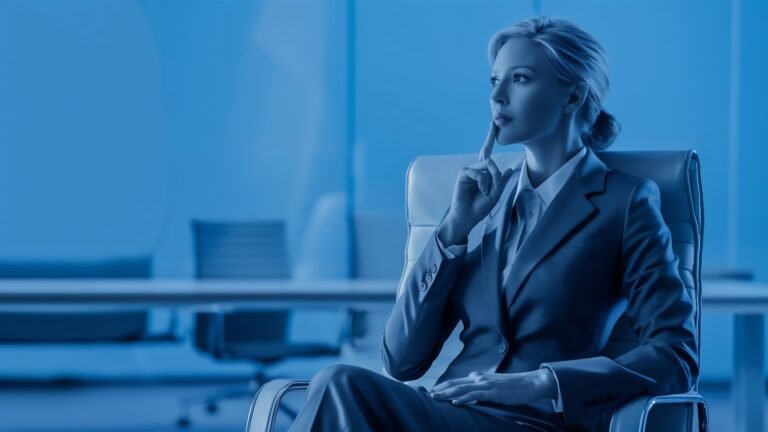 thoughtful-businesswoman-put-her-finger-her-chin-thinking-blue-background
