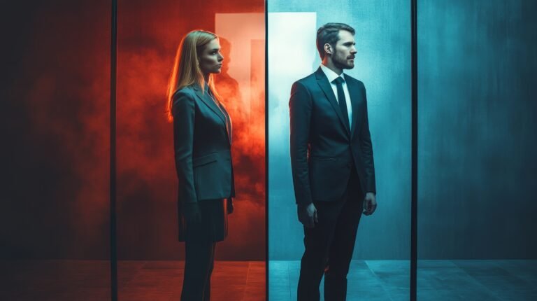 Two business professionals, a man and a woman, standing on opposite sides of a glass wall, illuminated in contrasting red and blue lighting, symbolizing division, competition, and contrasting perspectives.
