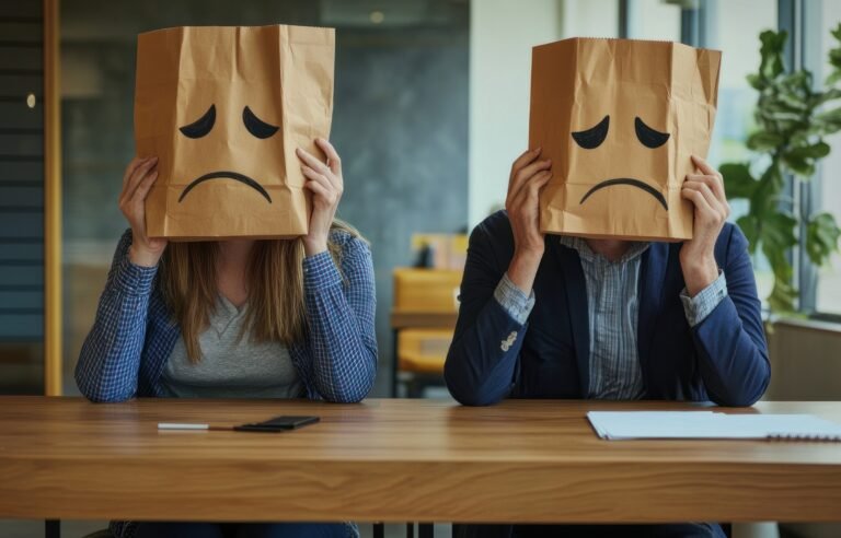 Two people with paper bags on their heads sit at a table in an office and draw sad faces.