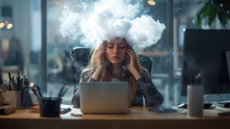 A woman in an office appears stressed, with a cloud above her head symbolizing mental overload.