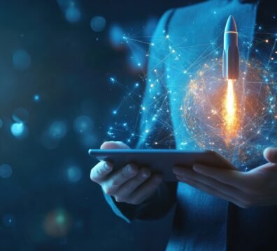 Abstract businessman holding a tablet with a rocket hologram launching from it, symbolizing digital startup and innovation, on a blue background.