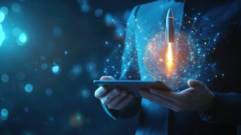 Abstract businessman holding a tablet with a rocket hologram launching from it, symbolizing digital startup and innovation, on a blue background.