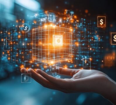 A hand appears to support a glowing cube filled with vibrant financial symbols in a busy urban environment during nighttime. The cube emits a bright aura, symbolizing innovation and wealth.