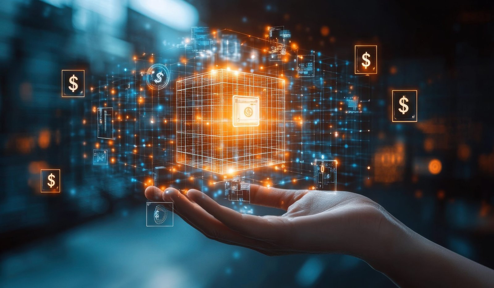 A hand appears to support a glowing cube filled with vibrant financial symbols in a busy urban environment during nighttime. The cube emits a bright aura, symbolizing innovation and wealth.
