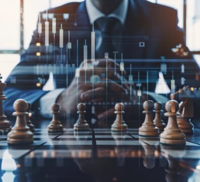 A business man in a meeting room presenting a remote work strategy, with a double exposure of chess pieces and digital marketing charts, representing strategic planning and digital advancement