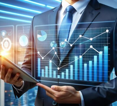 Businessman analyzing financial data with tablet.