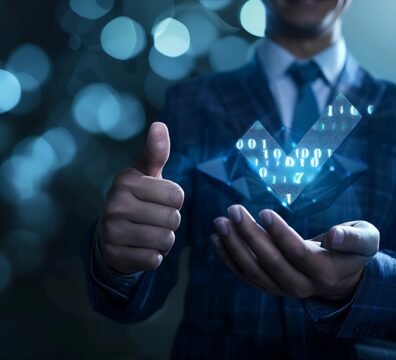 Businessman holding a digital hologram with a checkmark on a dark green and blue background, a virtual reality concept