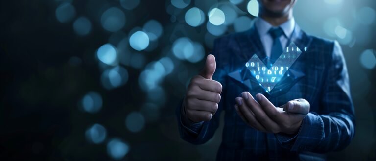 Businessman holding a digital hologram with a checkmark on a dark green and blue background, a virtual reality concept