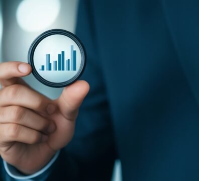 A person wearing a suit is holding a circle with a bar graph inside. The circle is in focus and the person's hand is slightly blurred. The background is a blue and white blurred background. This image could represent business, growth, or success.