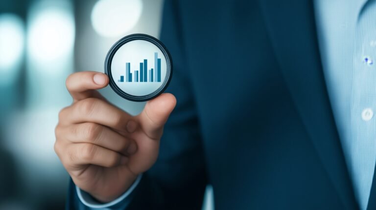 A person wearing a suit is holding a circle with a bar graph inside. The circle is in focus and the person's hand is slightly blurred. The background is a blue and white blurred background. This image could represent business, growth, or success.