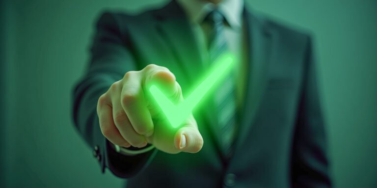 the businessman's hand presses the green check mark