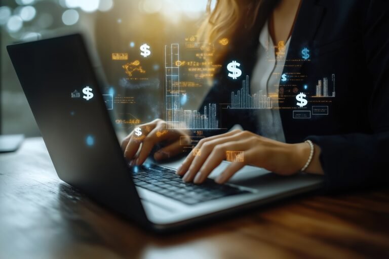 Businesswoman uses laptop for cost reduction. Financial analysis, data visualization on screen. Graphic overlay shows cost saving measures. Possible scenarios include budget planning expense