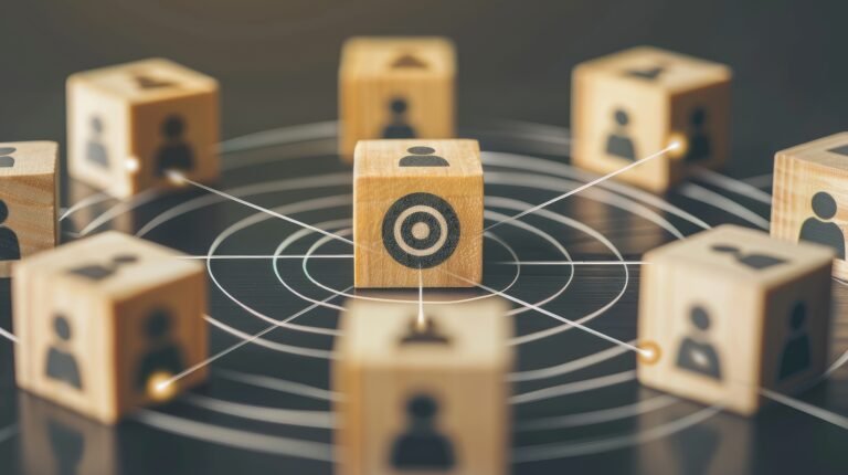 Customer Focus Group in CRM Concept, Wooden Blocks with Target and Human Icons Connected by Lines.