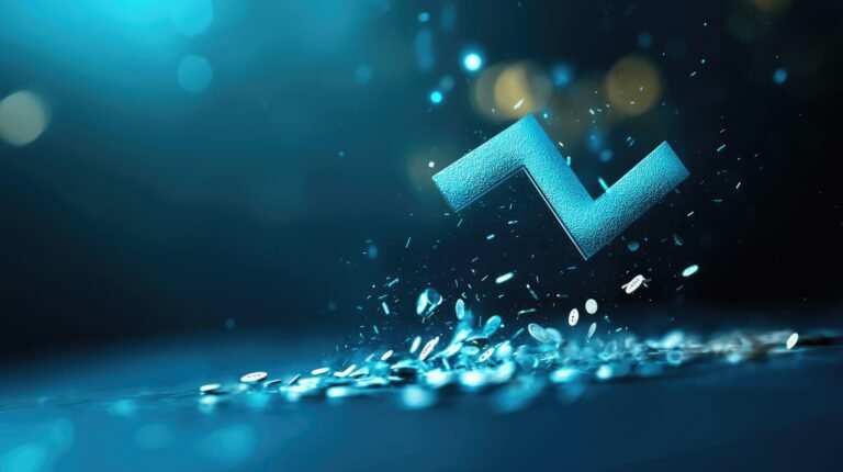 A dynamic blue background with sparkling elements and a prominent geometric shape, symbolizing innovation and technology.