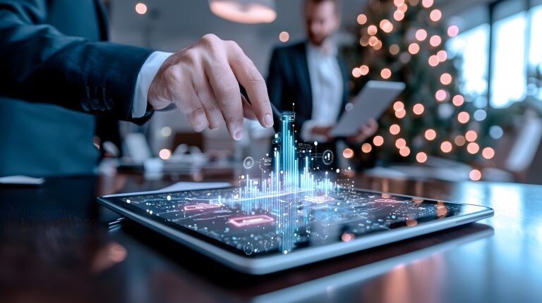 Dynamic business negotiation taking place in a sleek modern boardroom with participants using digital tablets and contracts to collaborate on an important deal or agreement