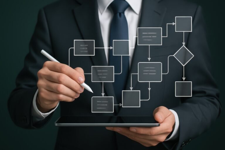 Flowchart is being created on a digital tablet. The person, wearing a business suit, is using a stylus to draw the steps and logic of a workflow process. The image emphasizes the use of technology in modern business and the creation of visual plans.