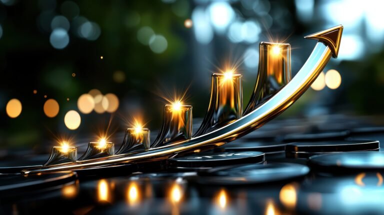 A visually striking representation of growth, featuring a golden arrow and bars that symbolize success, investment, and upward trends in finance and business.