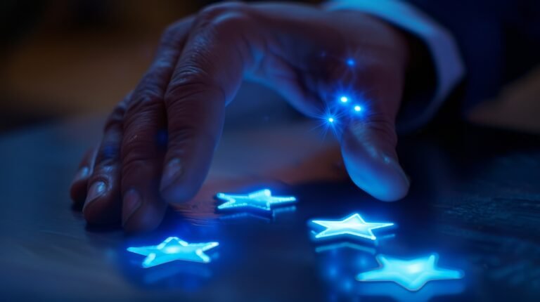 A hand touching glowing blue neon stars on a smooth surface.