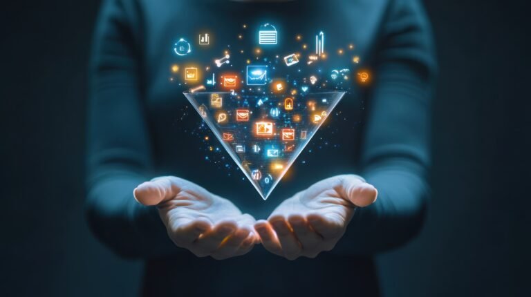 Hands holding a glowing triangle with various digital icons.
