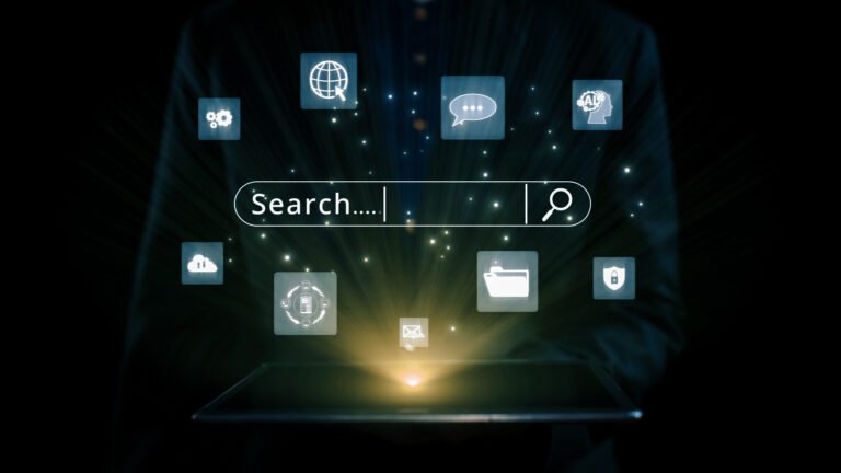 Business person conducts search engine research, extracting valuable data for strategic decisions. Utilizing search engines for comprehensive research and SEO data analysis. UUID