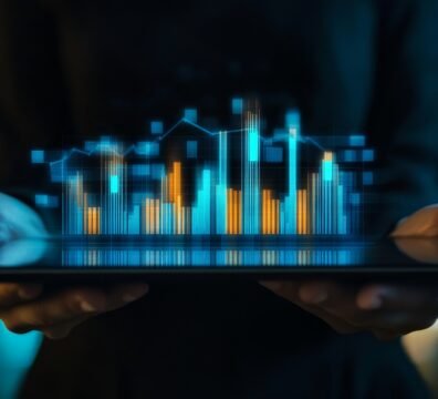 A person holds a tablet with a glowing graph visualizing success, progress, data analysis, and financial growth in a futuristic and technology-driven business environment.