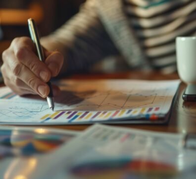 A person is reviewing statistical data and graphs on several documents.