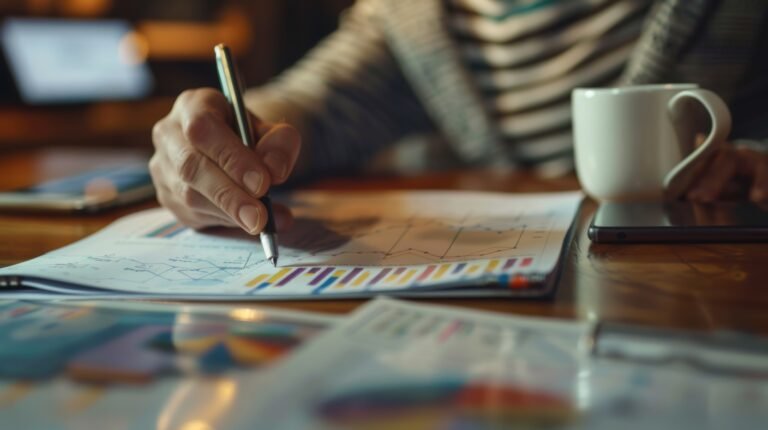 A person is reviewing statistical data and graphs on several documents.