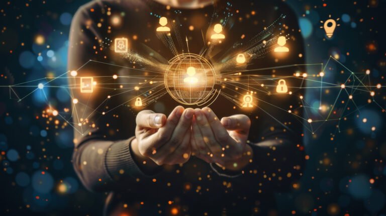 Success of business goals, creative businessman with icons interface.