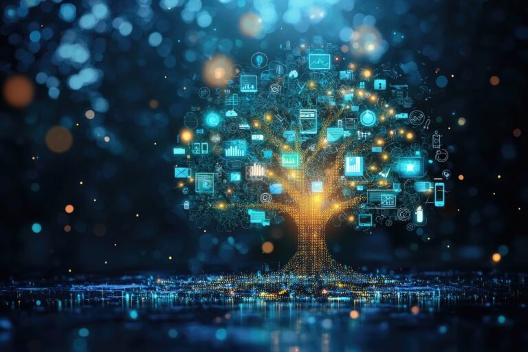 A tree made of technology with many icons and a glowing trunk. The tree is surrounded by a blue background