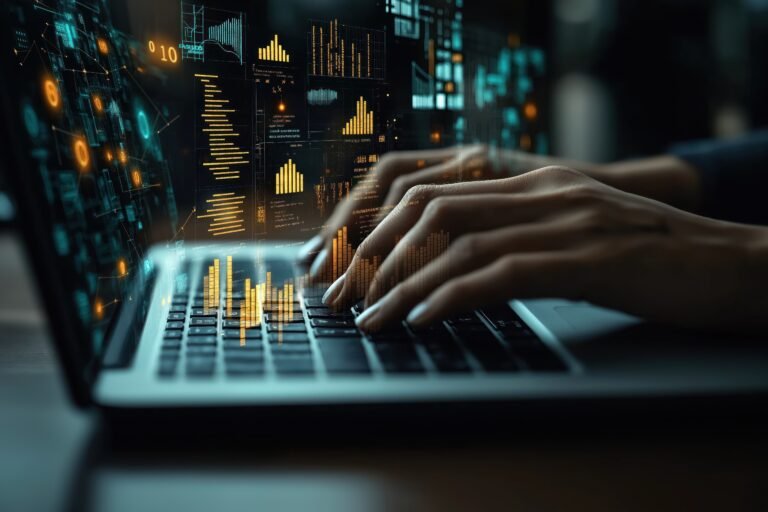 Business person analyzes data on laptop. Hands type on keyboard. Graphs charts overlay laptop screen. Person explores trends in predictive models. Data driven decisions for business growth. Modern