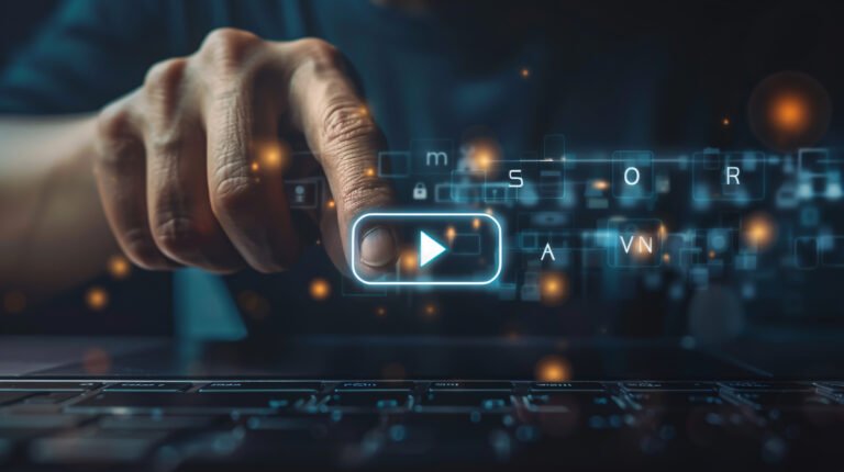 closeup-mans-finger-pointing-search-icon-dark-background