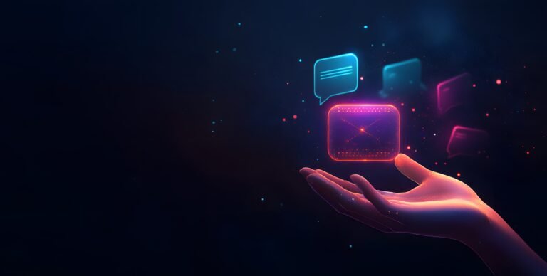 Hand holding glowing digital chat bubbles, communication and AI chatbot technology concept