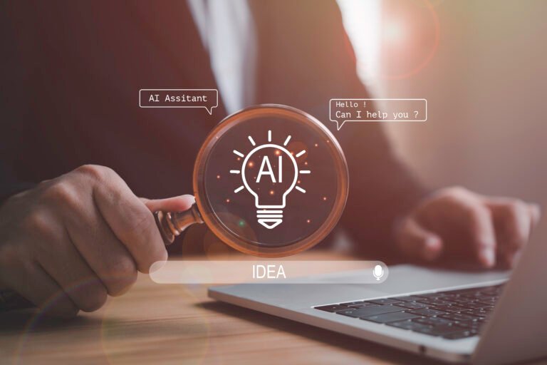 artificial-intelligence-assistant-concept-with-businessman-using-magnifying-glass-laptop-with-highlighting-ai-idea-innovation-smart-technology-digital-business-solutions