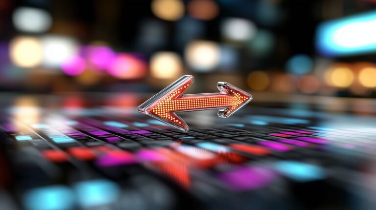 Two illuminated arrows point in opposite directions against a colorful, digital background representing a bustling urban area at night. This lively atmosphere inspires exploration.