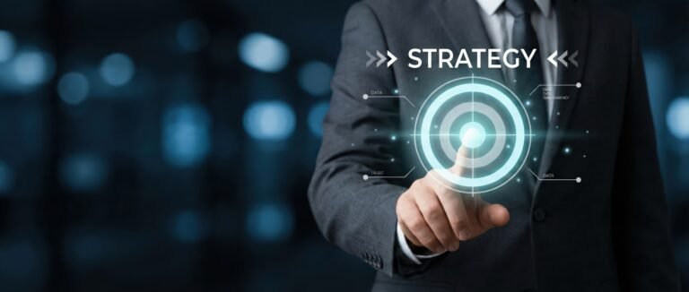 Businessman touching glowing target with STRATEGY text, pointing