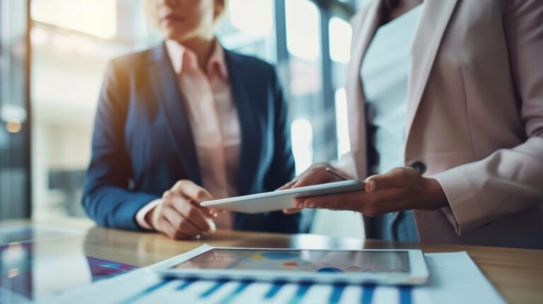 Two businesswomen discussing a project using a digital tablet in a modern office setting.