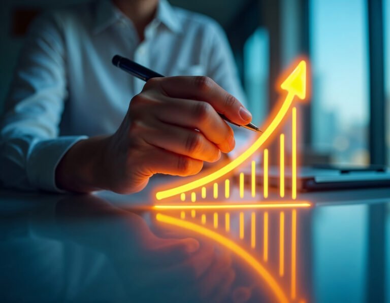 Close-up of a hand sketching a glowing graph showing exponential growth on a reflective surface. The scene is dimly lit, suggesting late hours of work or planning.