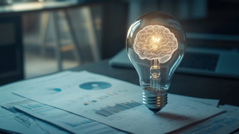 A glowing light bulb shaped like a brain on business documents, symbolizing innovation and ideas.