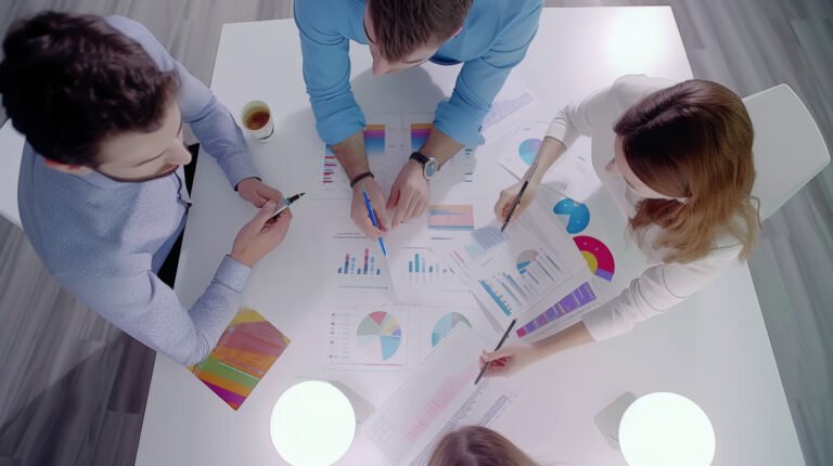 group of people is engaged in a business meeting or analysis, with their hands pointing and writing on charts and graphs spread out on a table.