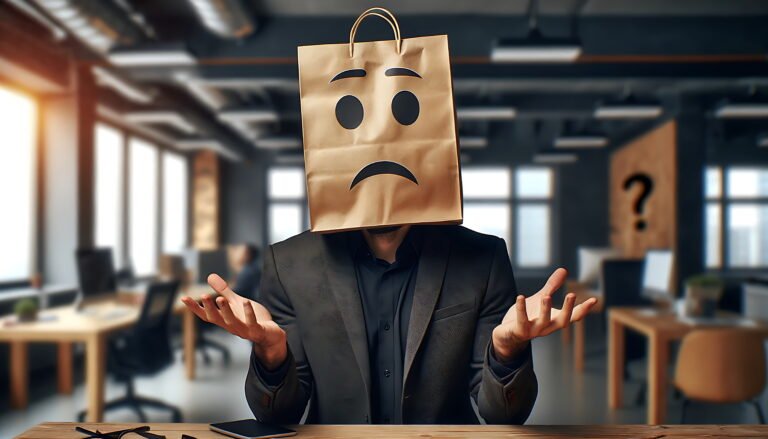 a man with a paper bag on his head with a picture of confused em