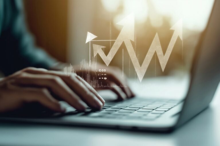 Person working on laptop showing cost reduction concept. Digital graphic overlays depict, rising arrows. Business efficiently saving cost. Unnecessary expenses decreasing. Modern workplace scene.