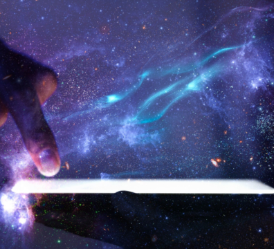 Global networking background hand using phone technology remix galaxy