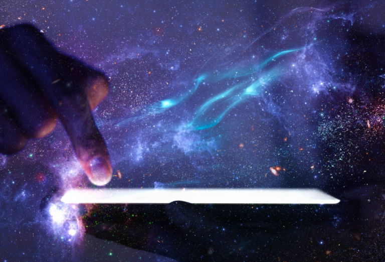 Global networking background hand using phone technology remix galaxy